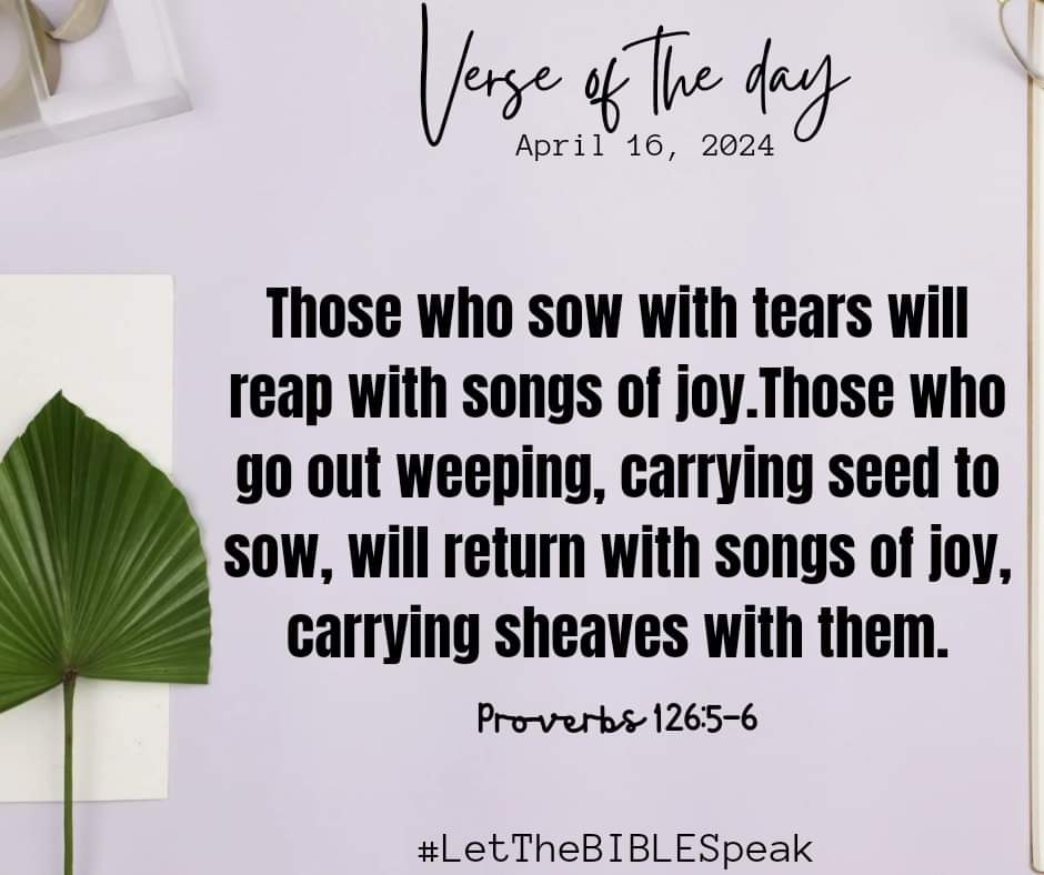 Those who sow with tears will reap with songs of joy.Those who go out weeping, carrying seed to sow, will return with songs of joy, carrying sheaves with them.

Proverbs 126:5-6

#VerseOfTheDay
#LetTheBIBLESpeak