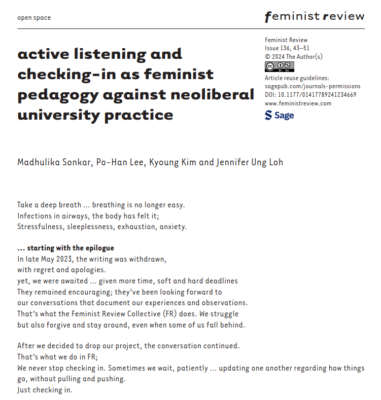 The conversation began with Sonkar asking, ‘What crisis did we witness unfolding within educational spaces with uncertainty looming large outside?’ Active listening and checking-in as #feministpedagogy against the neoliberal practice. <a href="/piotreklee/">Po-Han Lee</a>
#FR136: doi.org/10.1177/014177…