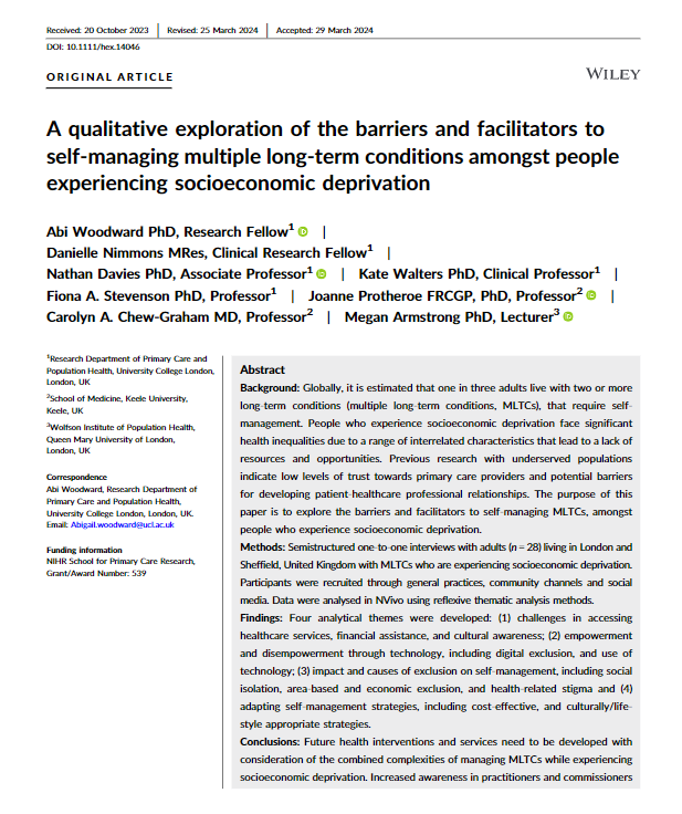 🚨New publication on #healthinequalities, exploring how people experiencing socioeconomic #deprivation self-manage their multiple #longtermconditions (MLTCs). Please read and share! Access here👇 rb.gy/dwuqf5
