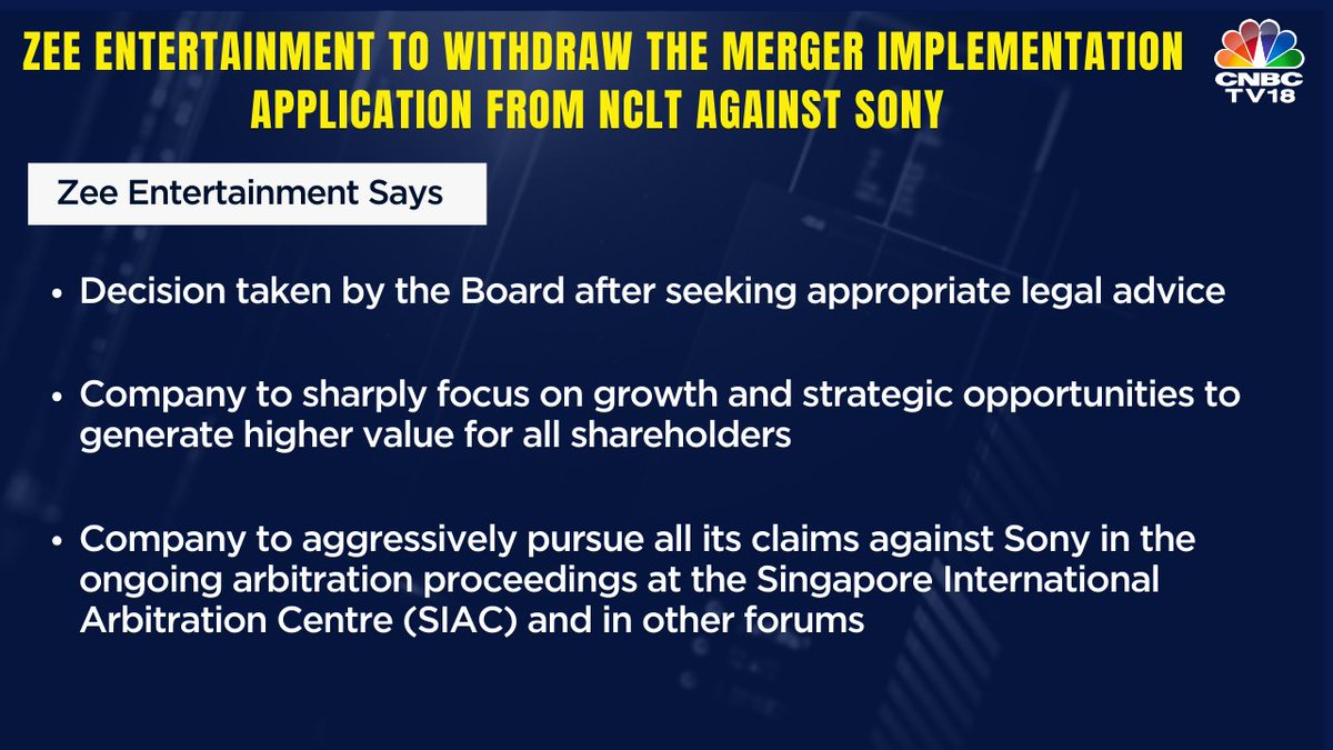 #NewsFlash | Zee Entertainment to withdraw the merger implementation application from NCLT against Sony. Decision taken by the Board after seeking appropriate legal advice, says Zee Entertainment #zeeentertainment Here's more👇