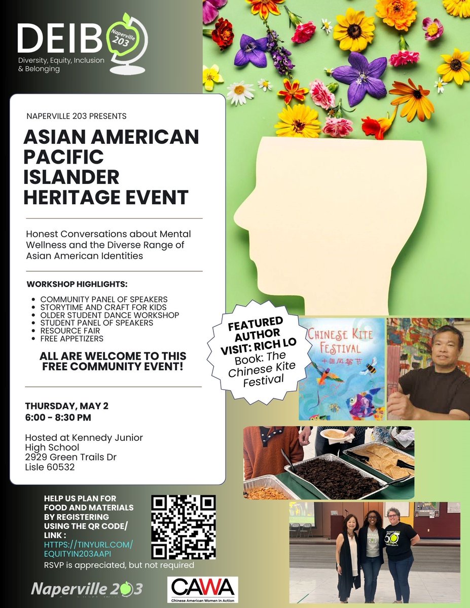 Naperville 203's #AAPI Heritage Month Community Event will include a series of engaging and informative panel discussions including community leaders and Naperville 203 high school students. All are welcome to attend. Thurs 5/2, 6PM @ KJHS. RSVP: tinyurl.com/equityin203AAPI
