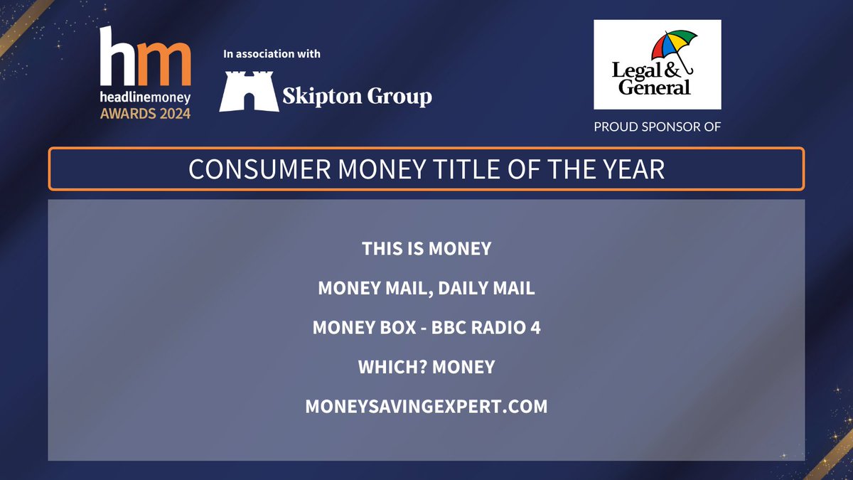 And finally, the #HMAwards24 shortlist for Consumer Money Title of the Year, sponsored by @landg_uk! Well done to @thisismoney, @MailOnline, @Moneybox, @WhichMoney & @MoneySavingExp 👏 tinyurl.com/dxtr4nt8