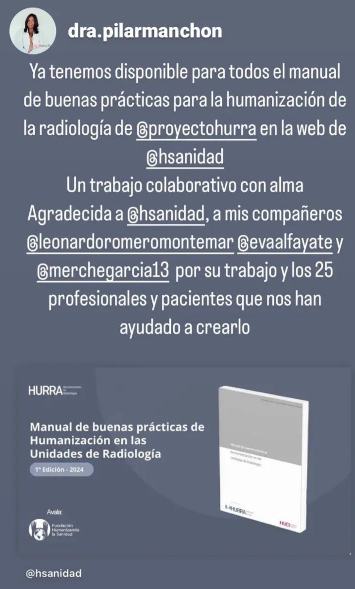 Ya tenemos el Manual de Buenas prácticas de <a href="/ProyectoHURRA/">HURRA</a> avalado por la #BENDITALOCURA de <a href="/FHSanidad/">Fundación Humanizando la Sanidad</a> 

Esperemos cambiar las formas de pensar y actuar para Humanizar los servicios de #Radiología &amp; #MedicinaNuclear 

<a href="/pilarmanchon_rx/">Pilar Manchón</a> <a href="/EvaAlfayate/">Eva Alfayate Sáez</a> <a href="/LeoRomero_Rad/">Leonardo Romero Montemar</a> <a href="/merchegarcia_/">Merche Garcia</a> 🩻