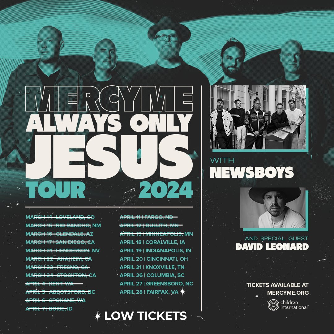 Iowa, Indiana, Ohio, Tennessee! The #AlwaysOnlyJesusTour is coming your way this week 🎉 Raise your hand if you’re coming to a show.🙋‍♂️ There’s still time to get tickets— visit mercyme.org today! #AlwaysOnlyJesus #MercyMe #MercyMeLive #Newsboys #DavidLeonard