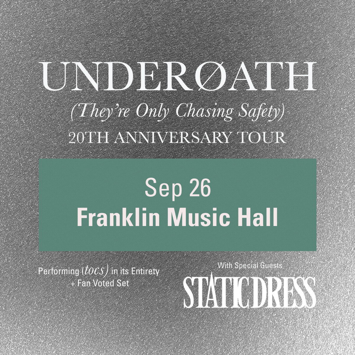 HUGE! We are THRILLED to announce @UnderoathBand will celebrate 20 years of 'They’re Only Chasing Safety' on Sep 26th, performing the album in full & another set of songs voted on by each city! This one will sell quick. Venue presale Thursday at 10a, public on sale Friday at 10a!