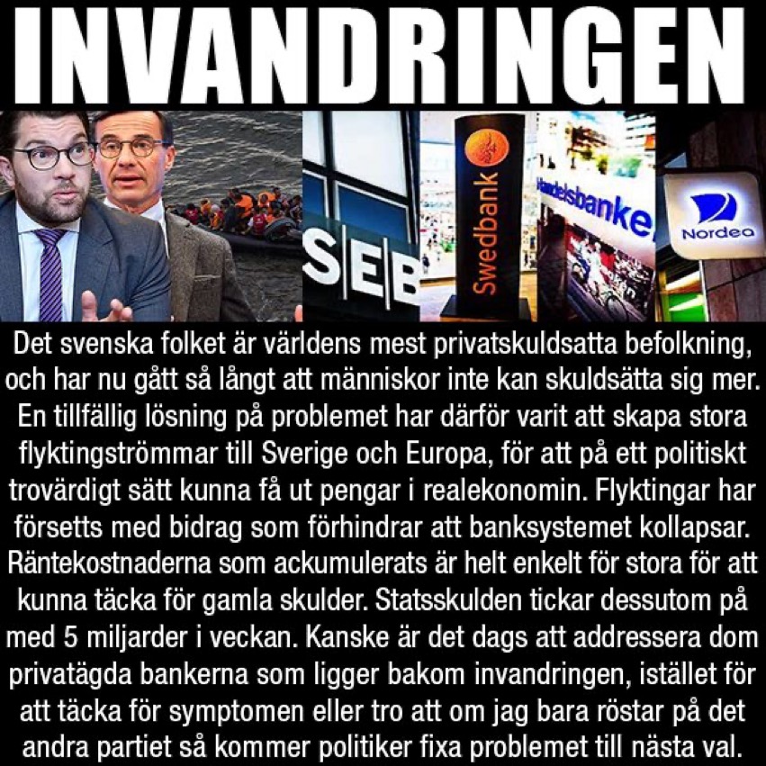 <a href="/BuschEbba/">Ebba Busch</a> Ännu ett försök att blåsa befolkningen genom att slussa hit globalisternas legoknektar och kasta resurser på dessa så att skulderna kan likviditetsförsörja systemet och rädda bankerna ännu en gång. Era lögner!

Det är för sent Ebba, Skuldmättnaden och den ackumulerade