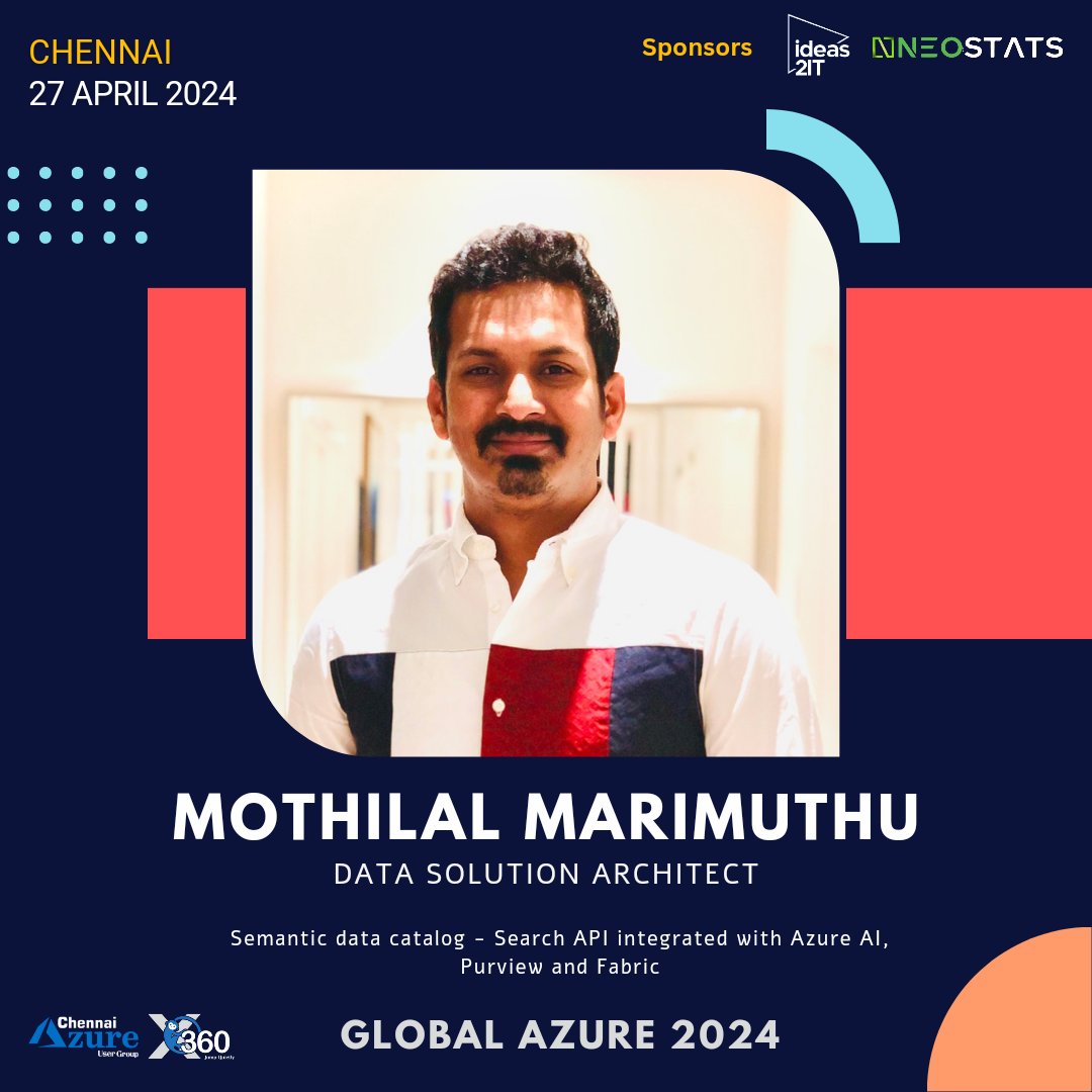 Don't miss Mothilal Marimuthu 
 talk on '𝗦𝗲𝗺𝗮𝗻𝘁𝗶𝗰 𝗱𝗮𝘁𝗮 𝗰𝗮𝘁𝗮𝗹𝗼𝗴 - 𝗦𝗲𝗮𝗿𝗰𝗵 𝗔𝗣𝗜 𝗶𝗻𝘁𝗲𝗴𝗿𝗮𝘁𝗲𝗱 𝘄𝗶𝘁𝗵 𝗔𝘇𝘂𝗿𝗲 𝗔𝗜, 𝗣𝘂𝗿𝘃𝗶𝗲𝘄 𝗮𝗻𝗱 𝗙𝗮𝗯𝗿𝗶𝗰'
 at Global Azure 2024 on April 27, 2024.

Register: globalazure.in

 #XMonkeys360