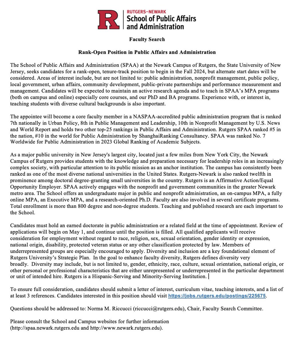 📢 : Faculty Position Annoucement

Rank-Open Position in Public Affairs and Administration <a href="/RutgersSPAA/">Rutgers SPAA</a> (Rutgers University-Newark)

To apply: jobs.rutgers.edu/postings/225675