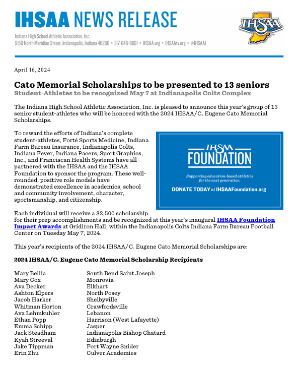 MonroviaSports's tweet photo. 🏆 Congratulations to Mary Cox who was awarded a 2024 IHSAA/C. Eugene Cato Memorial Scholarship!  

Mary was 1 of 13 Seniors across the state of Indiana to receive this prestigious award and will be honored at this year's inaugural IHSAA Foundation Impact Awards

@MonroviaNews https://t.co/DnNTJmFBMU