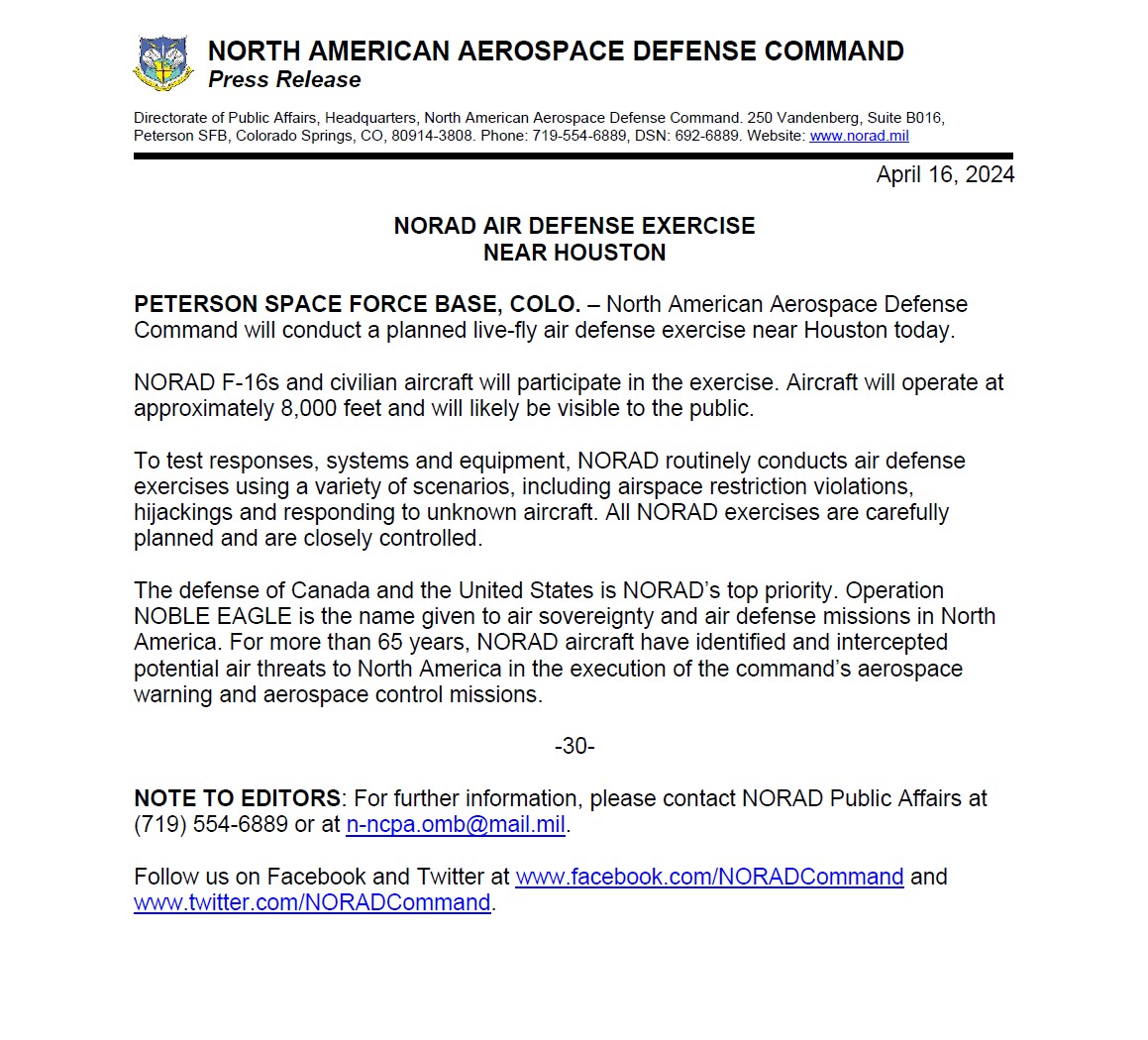 #NORAD aircraft are conducting exercises in support of #OperationNobleEagle today in the #Houston and #NationalCapitalRegion areas this morning. Some of these activities will be visible from the ground. See the releases below for more information. #WeHaveTheWatch