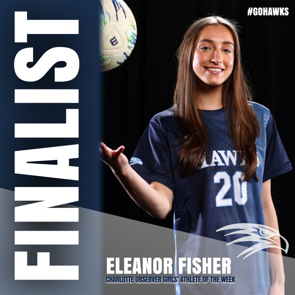 Eleanor Fisher is an @theobserver Athlete of the Week Finalist! She scored 2 goals & 1 assist in a 6-0 win @ Charlotte Christian April 10, then added an assist in a 3-0 win over Charlotte Catholic April 12. Vote here: tinyurl.com/3pbzadyr @CLSHawks_Soccer #GoHawks