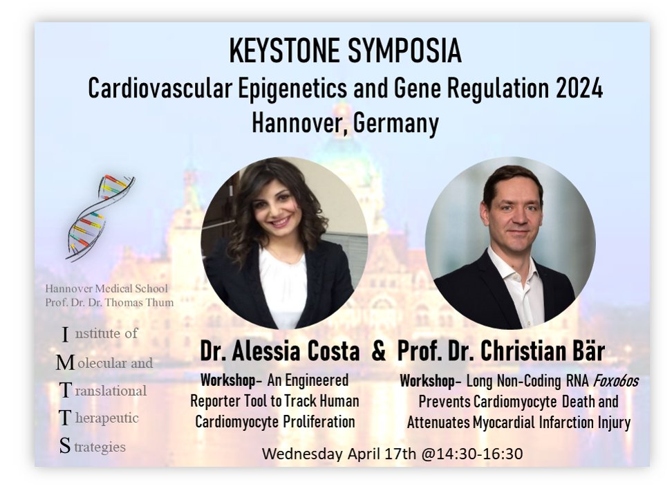 Tomorrow afternoon, Dr. Alessia Costa and Prof. @ChristianBaer80 will give insights into tracking #cardiomyocyte proliferation, & long non-coding #RNA as a #therapy for myocardial infarction, in a workshop at the @KeystoneSymp at 14:30. #KSCardioEpi24 keysym.us/KSCardioEpi24
