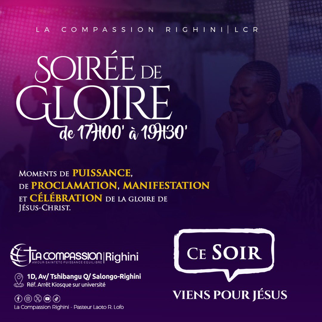 LaCompassionLCR's tweet photo. Bienvenu (e) à ce temps de puissance, de proclamation, manifestation et célébration de la gloire de Dieu…

Ce soir à partir de 17h00 au temple de La compassion/Righini.

Assurément, le Seigneur s’apprête à t’étonner. https://t.co/MQMnqYYdwh