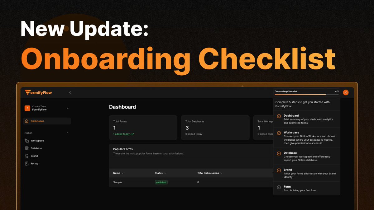 jaocero's tweet image. New Feature🚨
Hey everyone! I've got some awesome news to share from @formifyflow , we've just launched our Onboarding Checklist! 🌟 Each step comes with a helpful video to show you exactly what to do! 📽️🎓
#buildinpublic #indiehackers