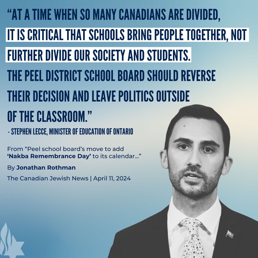Min of Ed @Sflecce has echoed the voices of many parents & educators, urging @PeelSchools to reconsider its decision to include Nakba Day in its list of significant days. As he said, “it is critical that schools bring people together, not further divide our society & students.”