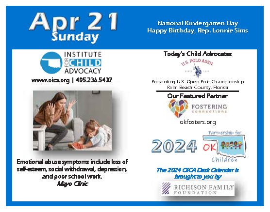 Emotional abuse symptoms include loss of self-esteem, social withdrawal, depression, and poor school work. Today's child advocate is @USPoloAssnUSA presenting U.S. Open Polo Championship, Palm Beach County, Florida. Our featured partner is okfosters.org.