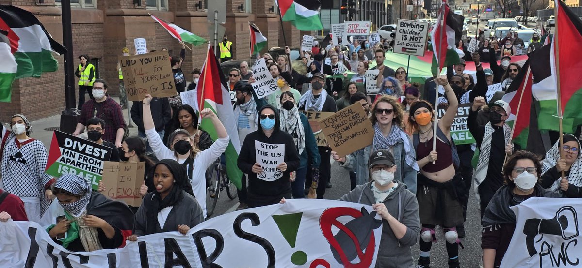 Yesterday we shut down Washington Ave in downtown Minneapolis, marching from @amyklobuchar’s office to the Federal Building, to say: NO WAR WITH IRAN! STOP ARMING ISRAEL! U.S. OUT OF THE MIDDLE EAST! FREE PALESTINE!🇵🇸 Organized by @MnPeaceActionC & the Free Palestine Coalition