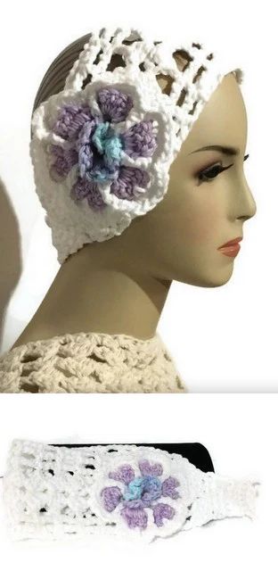 #Crochet #headband, white cotton yarn, headband with purple crochet flower, The purple flower headband, handmade andreawagnerdesigns.com/collections/he… #cctag @AndreaDesigns1