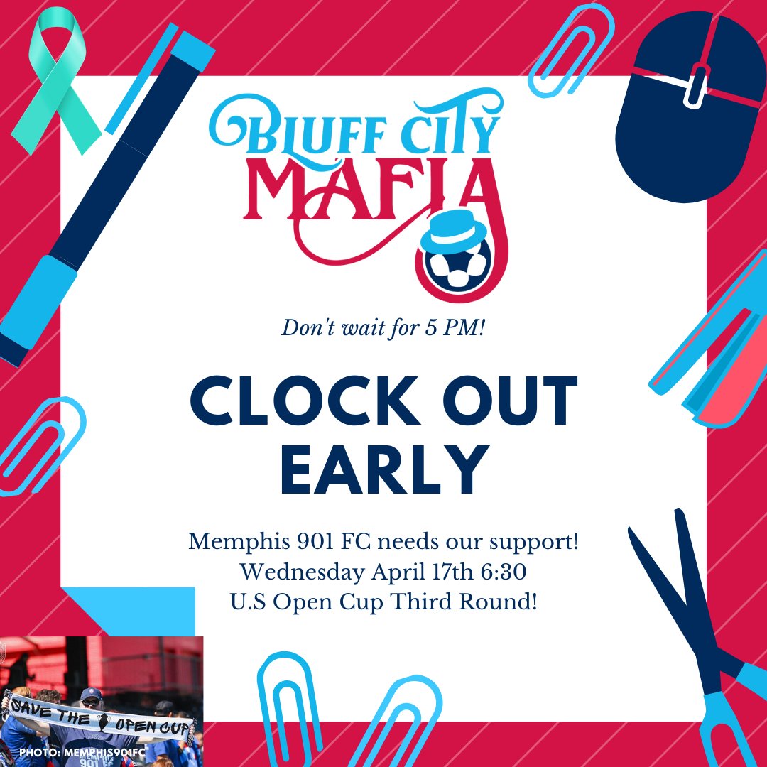 BluffCityMafia's tweet photo. Tell your boss we're all clocking out early Wednesday. We gotta support @memphis901fc   at AutoZone park 6:30pm! It's round 3 of the @OpenCup 

#defendmemphis #kingsofneon https://t.co/u4QNEtxJFs