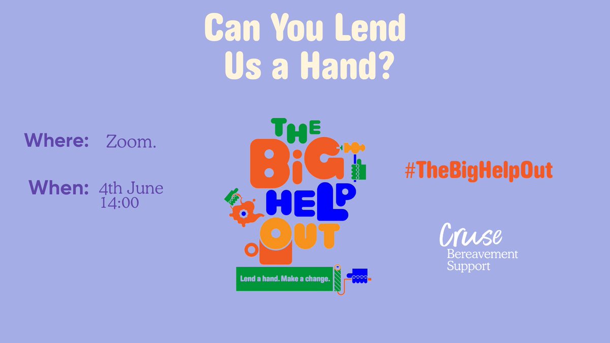 As part of #TheBigHelpOut, we are delighted to host a virtual event where you can learn more about some of our volunteering opportunities here at Cruse Bereavement Support. Register for this FREE event by using the link below 👇 ow.ly/5lx150RgZ1L
