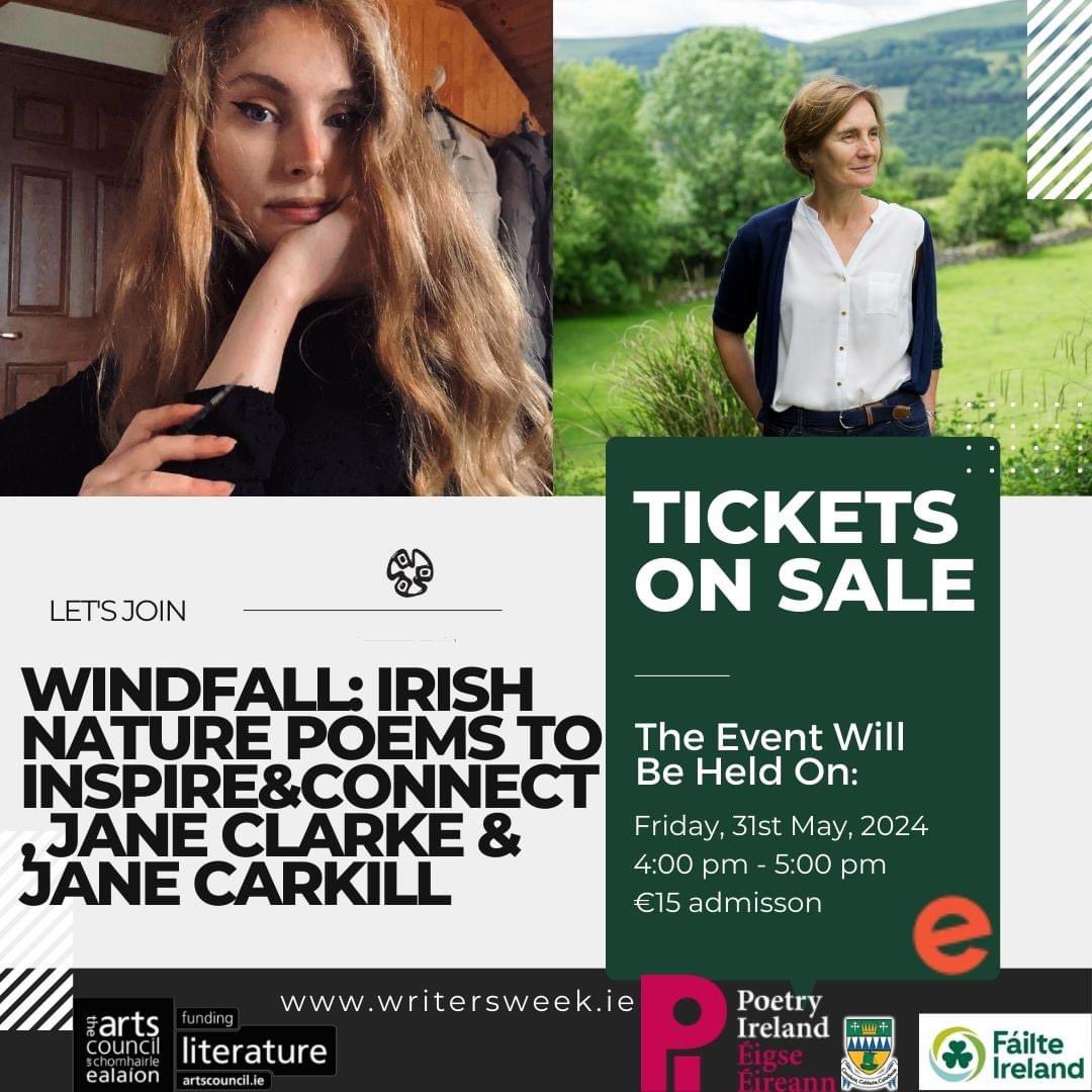 Get tickets now for 'Windfall: Irish Nature Poems' at Listowel Writers Week on May 31st at 4pm with Jane Clarke & Jane Carkill! An enchanting celebration of poetry, ecology, and art. Don't miss out! #ArtsCouncilSupported #kerrycountycouncil #failteireland