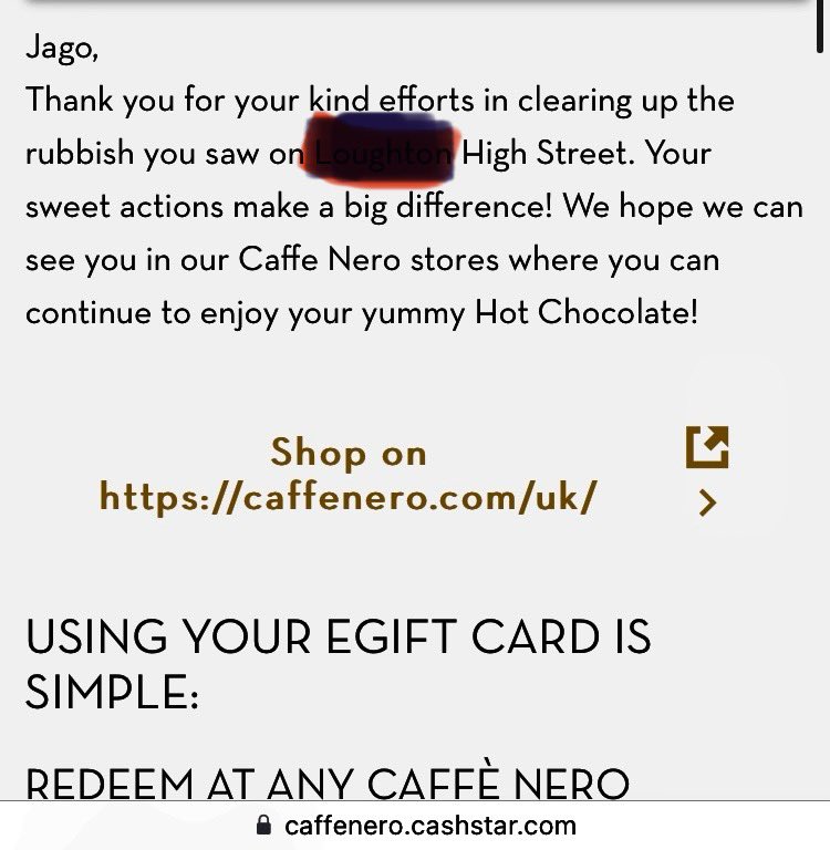 Thank you @_CaffeNero_ for taking the time to talk about improving sustainability. & for your kind & appreciative acknowledgment to my 3 year old daughter for her passion in this. Great customer service