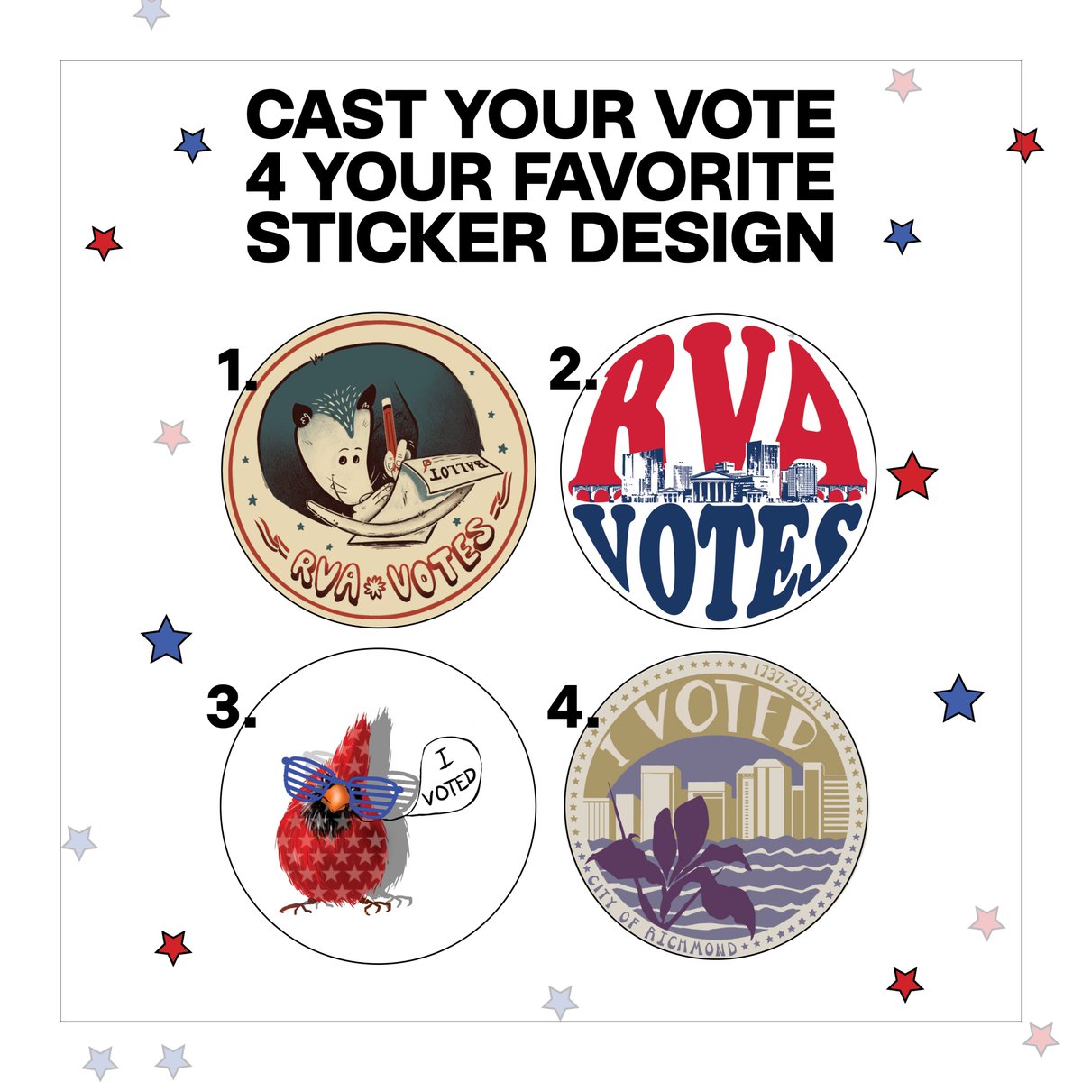RVA_Votes's tweet image. FINALLY ITS TIME TO VOTE FOR YOUR FAVORITE STICKER DESIGN. Visit Go.Richmond.com/IVoted or scan the QR Code in the second slide to cast your vote! Remember, the sticker that gets the most votes will be the sticker used in all 72 polling locations in the November election.