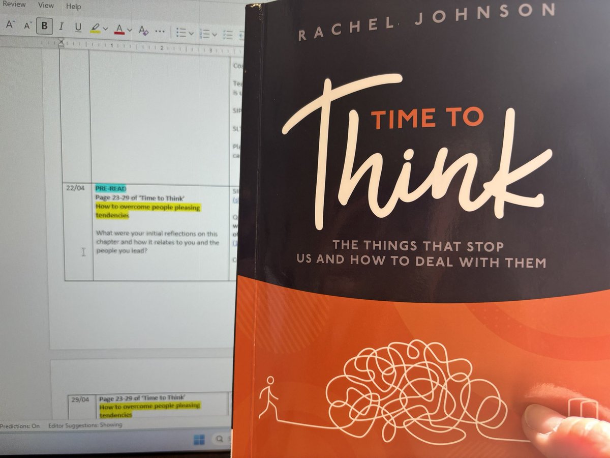 All our SLT Line Management is centrally planned and aligned. This half term, we’re all reading ‘Time to Think’ focusing and reflecting on: overcoming people pleasing tendencies and maintaining unwavering hope @RachelPiXL 

Our HoD LM follows a similar thread 🤓
