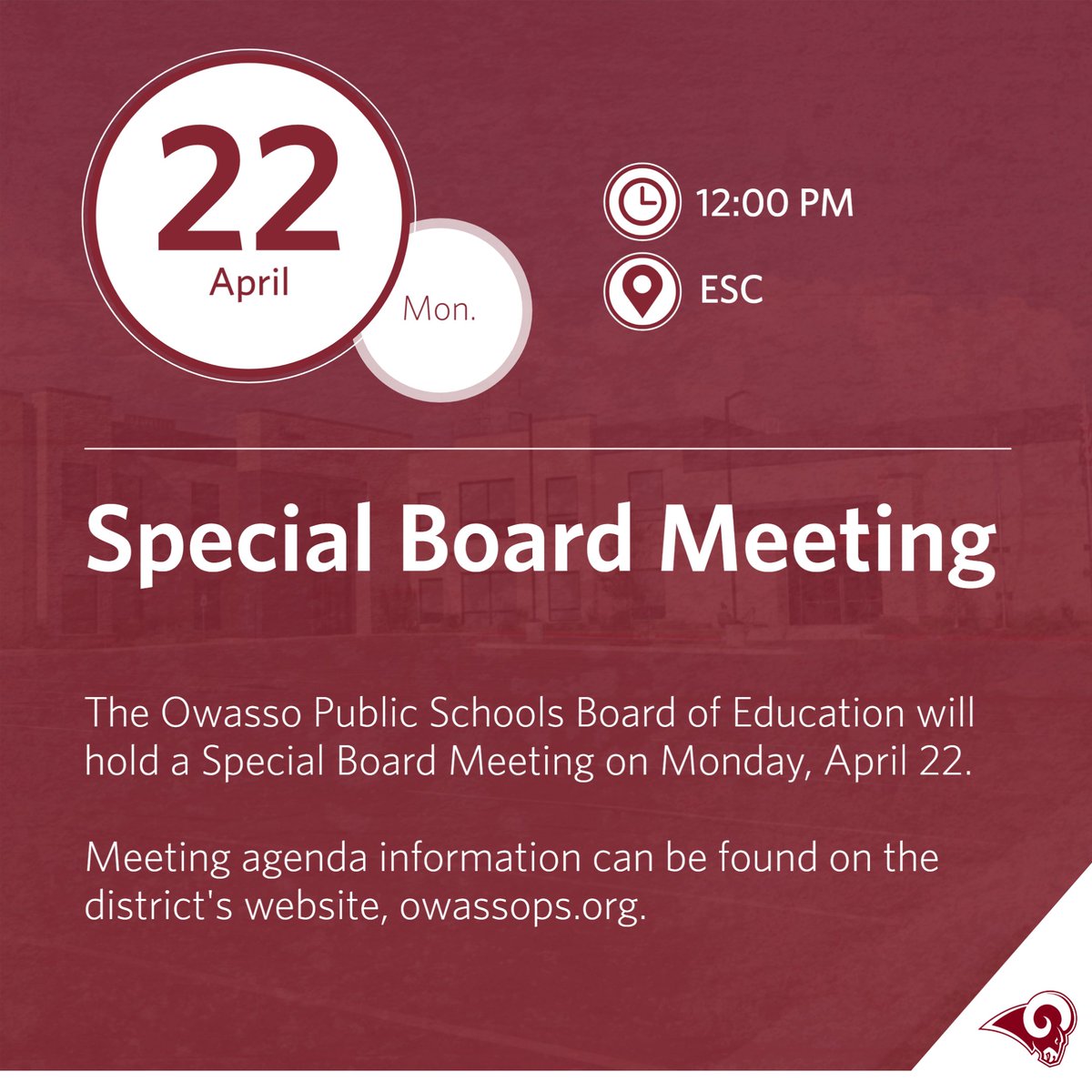 The Owasso Board of Education will hold a special meeting at 12pm on Monday, April 22. Meeting agenda information can be found on the district's website here: bit.ly/3yo7rsg #RamPride