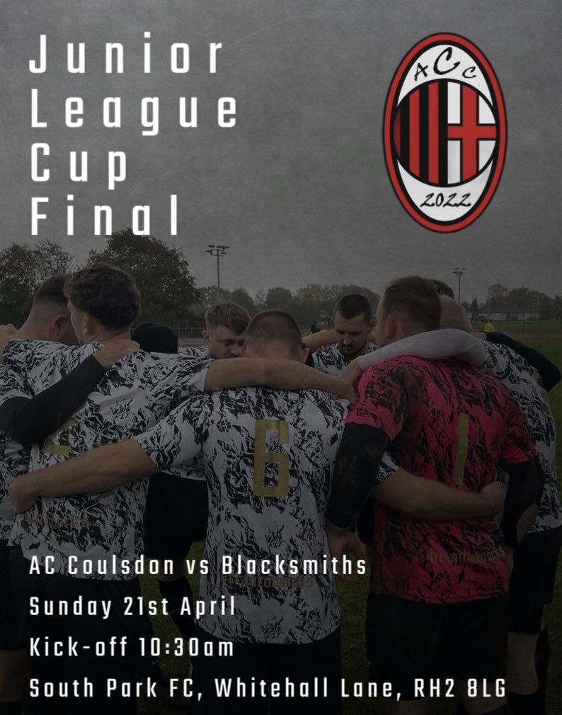 CANCEL YOUR SUNDAY PLANS🚫

Get yourself down to Reigate this weekend to support the boys in the clubs first cup final. We face familiar opposition Blacksmiths Reserves in what is set to be a cracker!

#UpTheAC 🔴⚫️