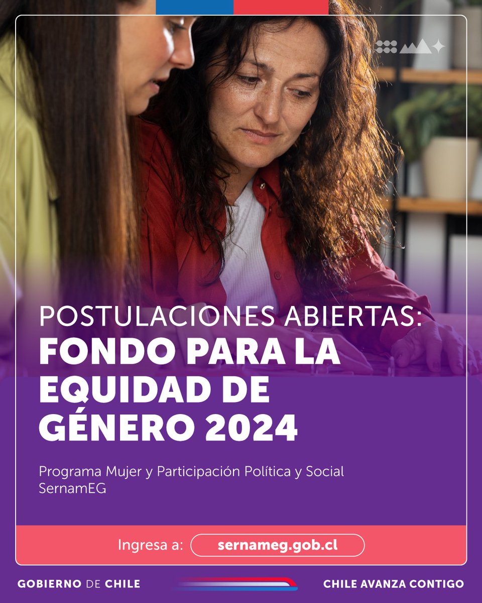 📷 ¿Te enteraste? ¡Ya están abiertas las postulaciones al Fondo para la Equidad de Género 2024! Buscamos financiar proyectos que promuevan la participación, asociatividad y liderazgo de las mujeres 📷 Ingresa a sernameg.gob.cl e informarte sobre los requisitos ¡postula!