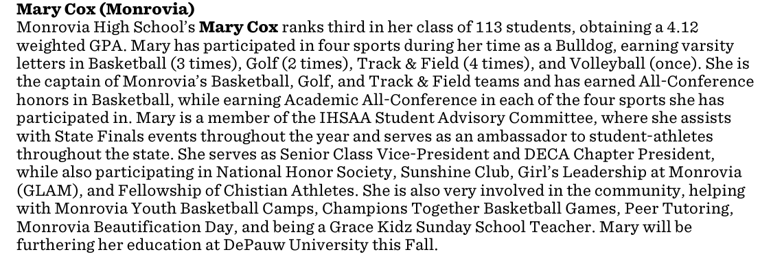 🏆 Congratulations to Mary Cox who was awarded a 2024 IHSAA/C. Eugene Cato Memorial Scholarship!  

Mary was 1 of 13 Seniors across the state of Indiana to receive this prestigious award and will be honored at this year's inaugural IHSAA Foundation Impact Awards

<a href="/MonroviaNews/">MonroviaHighSchool</a>