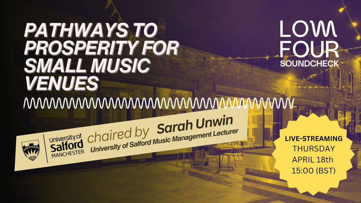 #lowfoursoundcheck kicks off this Thursday at 3pm (BST) W/ @SalfordUni's Sarah Unwin discussing 'Pathways to Prosperity for Small Music Venues' with: @yes_mcr @heymanchester @themet @SnugAtherton #oldabbeytaphouse Information/tickets lowfour.tv/soundcheck