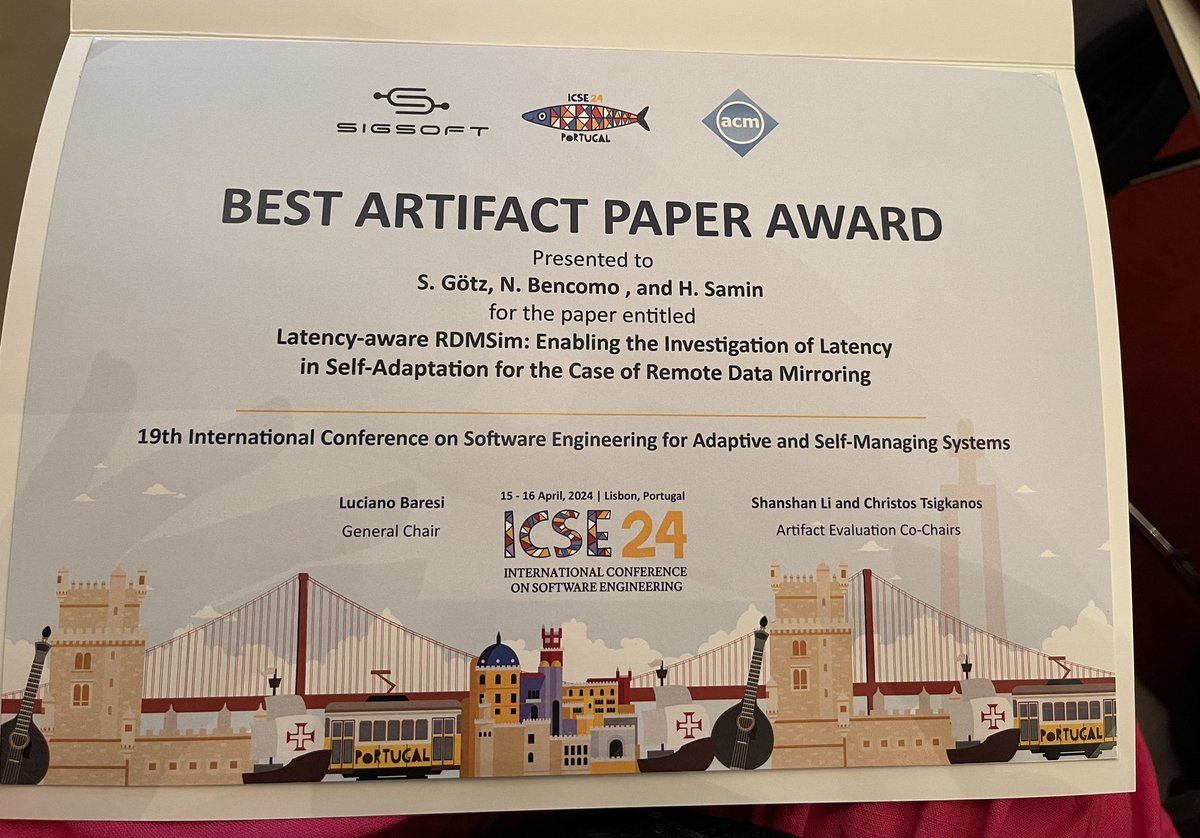Nelly Bencomo (@nellybencomo) on Twitter photo <a href="/coshocker/">Sebastian Götz</a> Sebastian Götz presenting our artefact “Latency-aware RDMSim: Enabling the Investigation of Latency in Self-Adaptation for the Case of Remote Data Mirroring”
<a href="/HumaSamin/">Huma Samin</a> #seams2024 <a href="/SEAMSconf/">SEAMS</a> <a href="/coshocker/">Sebastian Götz</a> Sebastian Götz presenting our artefact “Latency-aware RDMSim: Enabling the Investigation of Latency in Self-Adaptation for the Case of Remote Data Mirroring”
<a href="/HumaSamin/">Huma Samin</a> #seams2024 <a href="/SEAMSconf/">SEAMS</a>
