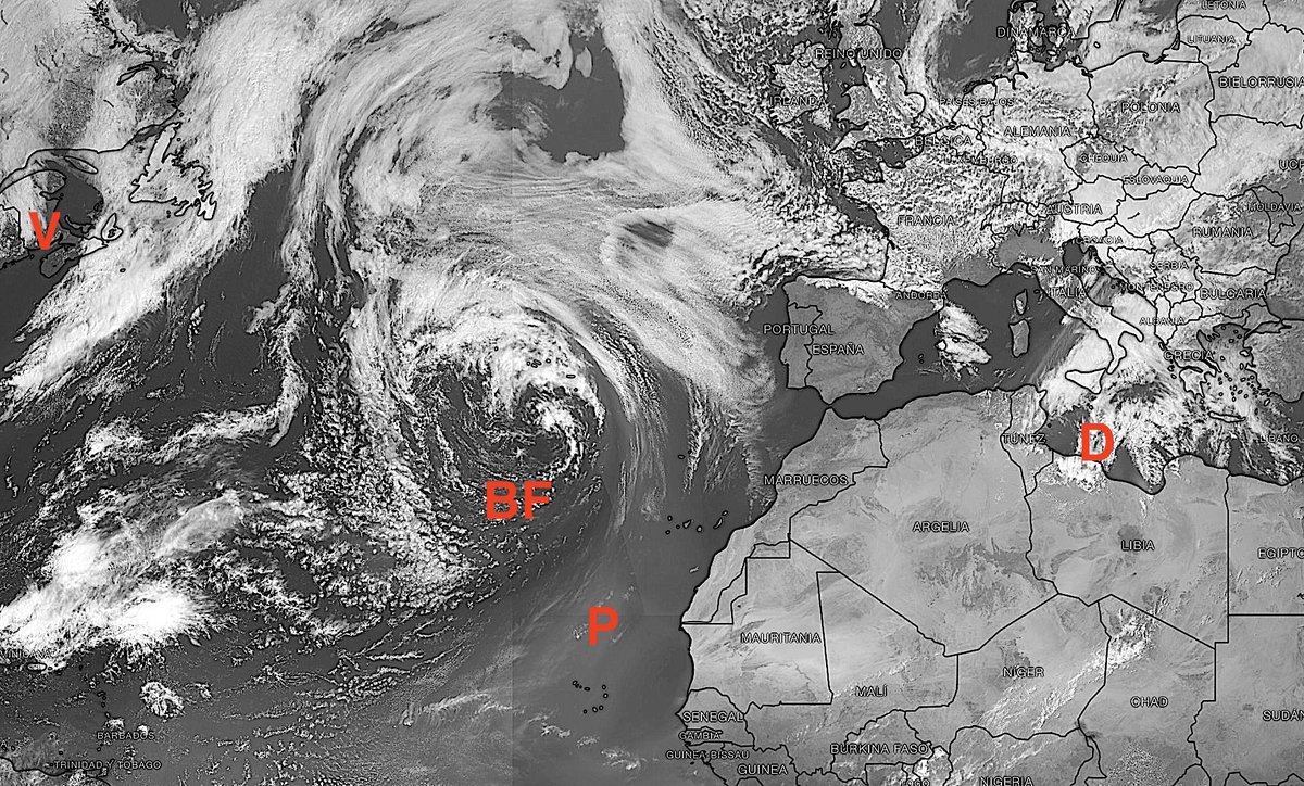 Una amplia borrasca fría (BF) ocupa gran parte del Atlántico norte y atrae hacia ella una espesa capa de polvo (P) desde más al sur de Cabo Verde. Muy al oeste, en Norteamérica aparece una vaguada a la que hay que seguir. La vieja dana africana (D) se retira hacia el E. (ver ALT)