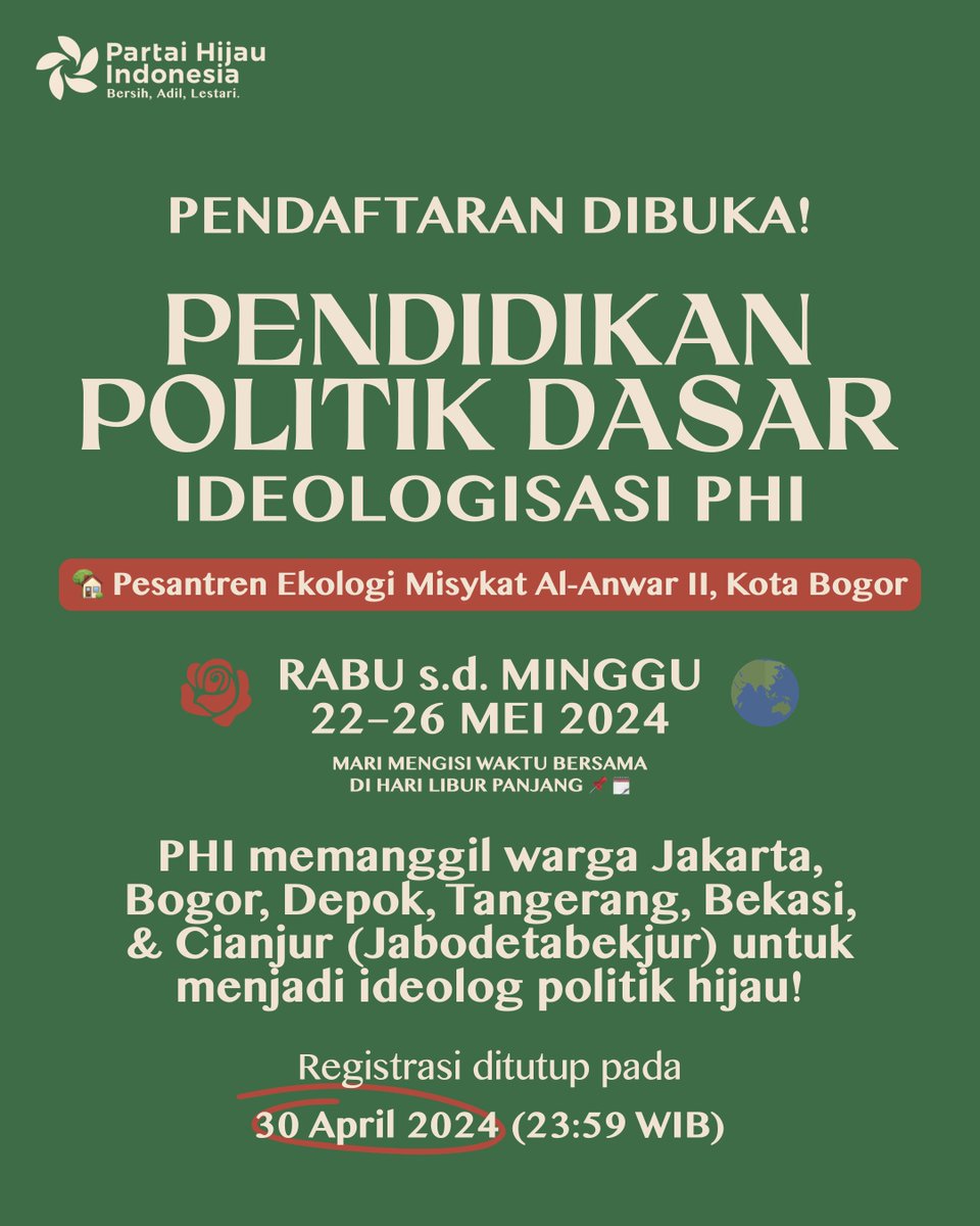 PENDAFTARAN DIBUKA! 

Pendikpol PHI akan menjawab "Mengapa krisis iklim terjadi?" dengan kritik atas kapitalisme yang mendorong akumulasi kekayaan tanpa batas. 

Ekososialisme diarusutamakan sebagai solusi hingga kontekstualisasi Platform Hijau u/arah juang kebijakan publik PHI.