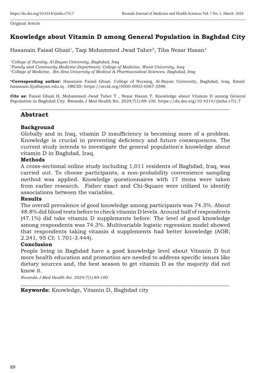 Glad to share that our new article about Vitamin D knowledge among general population in Baghdad city published online #knowledge #vitaminD rjmhs.ur.ac.rw/IMG/pdf/7._89-…