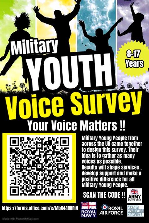 Tri-Service Youth Voice Survey If you have a child or young person, aged 8 - 17 years who lives, or has lived in a family that includes a Serving Person, please share this link with them. forms.office.com/e/MbX44R8RiN Closing date for completion is 31st May 2024