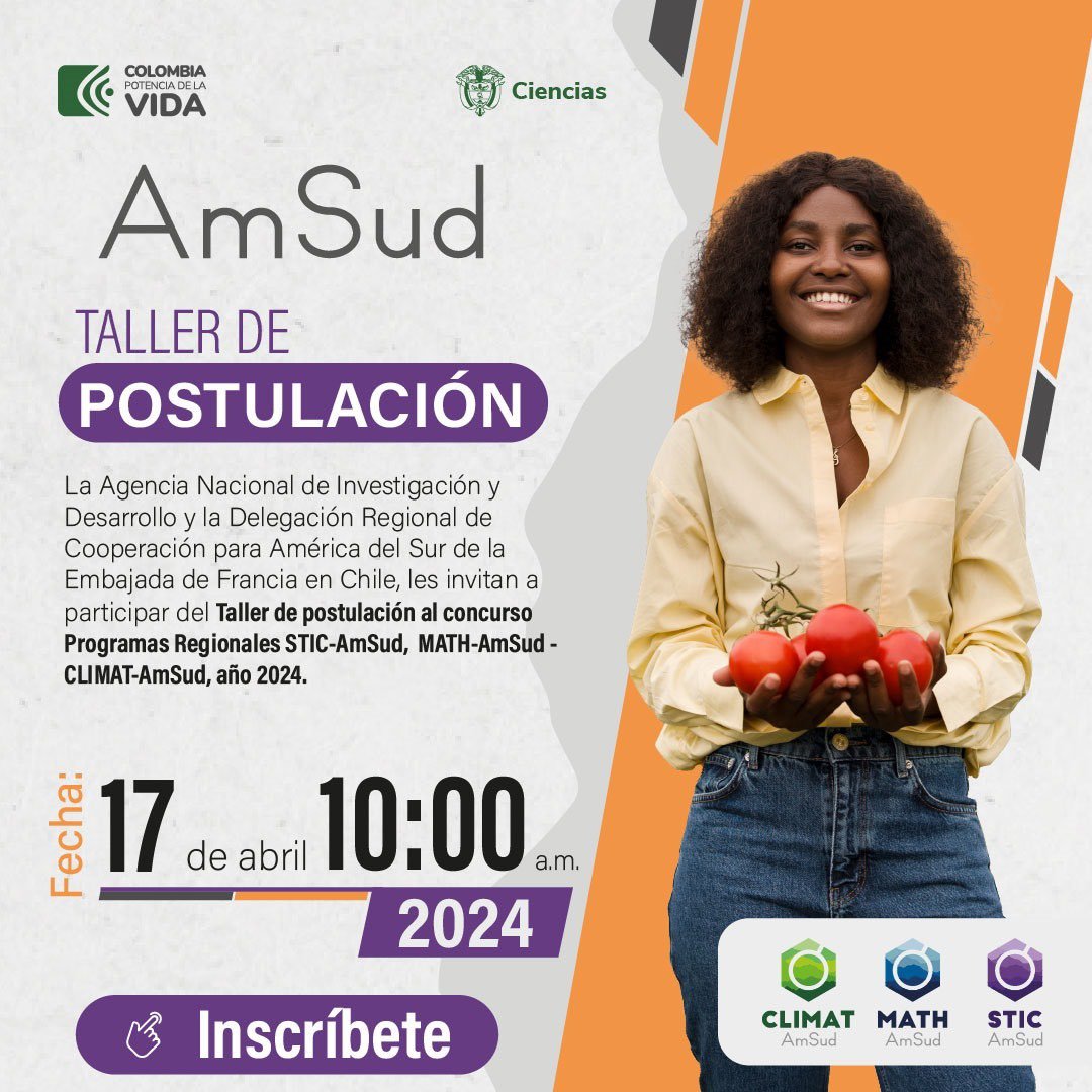 #Atención I ¡Queda un día! Sé parte del taller de postulación para la #convocatoria AmSud 2024, que promueve la movilidad internacional entre #Colombia🇨🇴 y #Francia🇫🇷 en el marco del desarrollo de propuestas de CTeI. Inscríbete: docs.google.com/forms/d/e/1FAI…