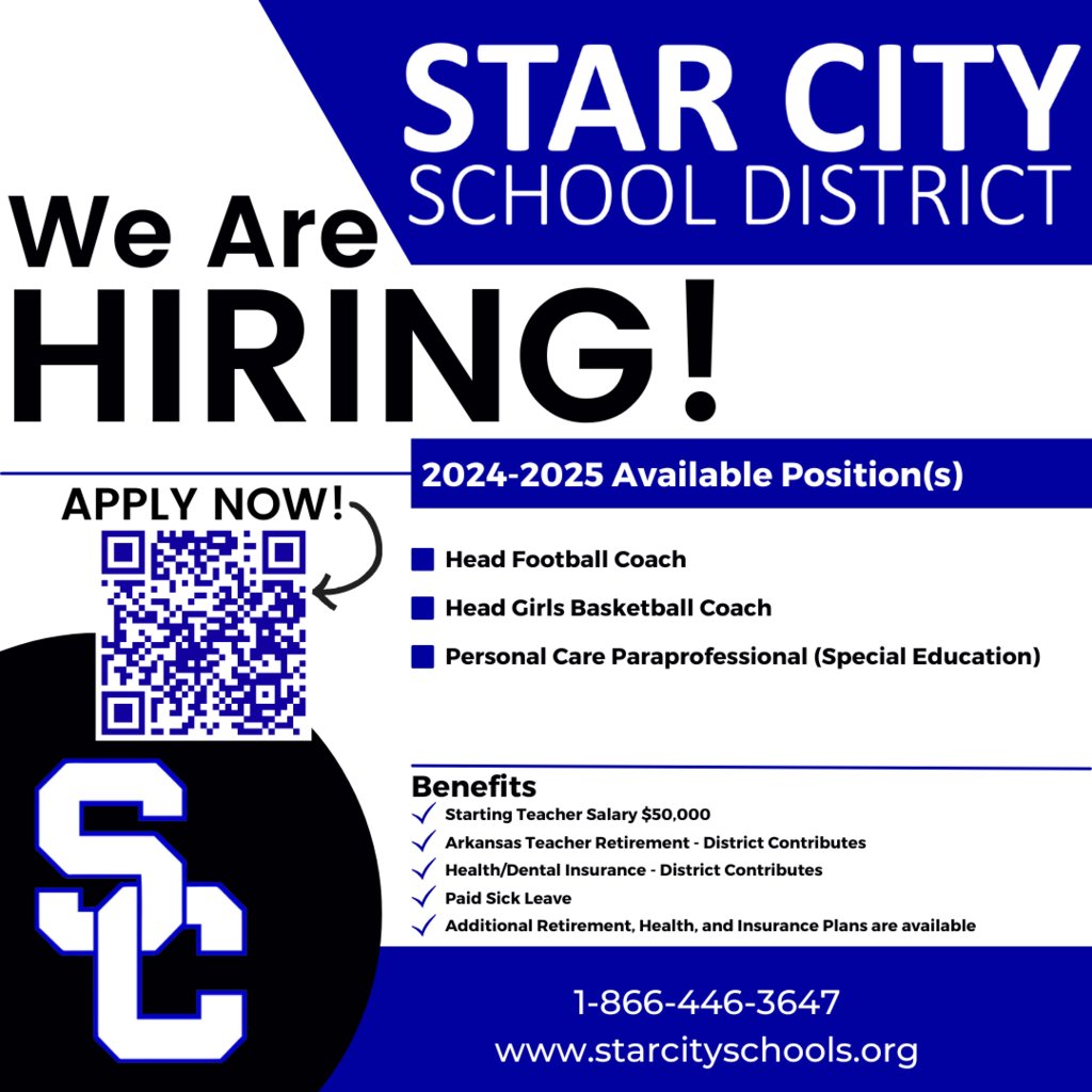 SCSD is accepting applications for the following openings for the 2024-2025 school year! Candidates can apply online at starcityschools.tedk12.com/hire/index.aspx #BeTheBest