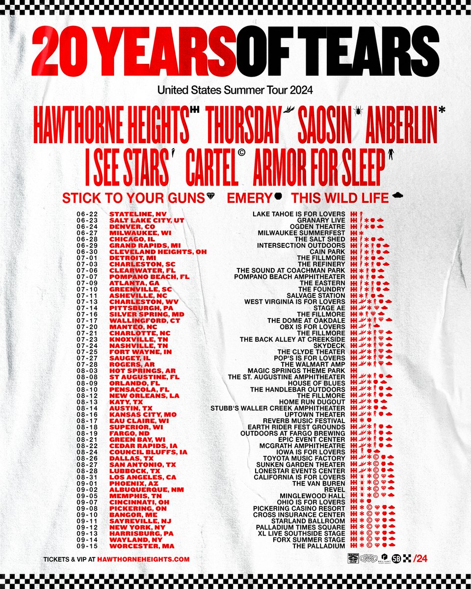 20 Years of Tears Tour: First tour of the new era, aprops it’s with all the homies. See you all this summer. VIP & Tickets on sale this Friday at 10am local.