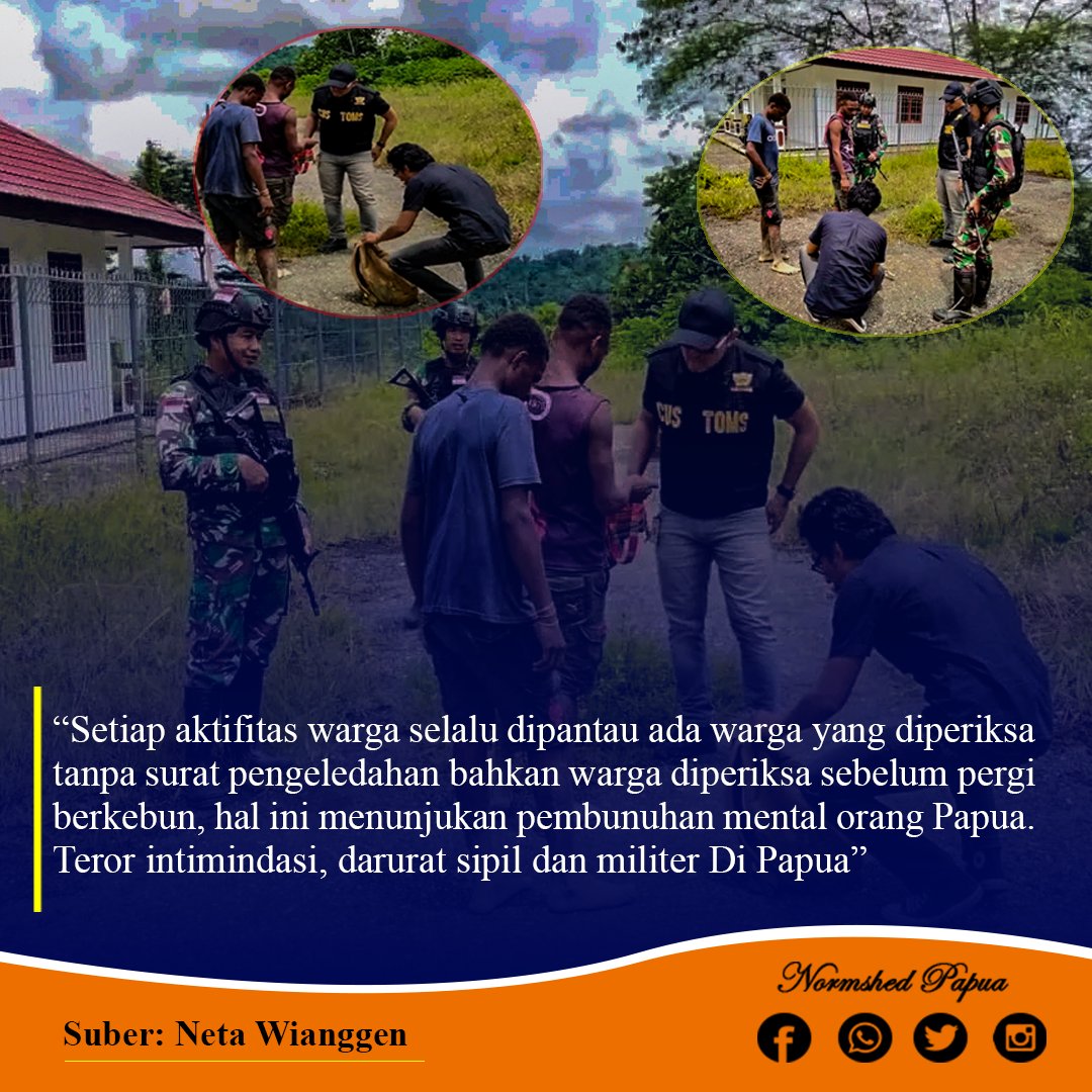 normshepapua's tweet photo. "Setiap aktivitas warga selalu dipantau ada warga diperiksa tanpa surat pengeledahan bahkan warga di periksa oleh TNI sebelum ke kebun, hal ini menunjukkan pembunuhan metal teror intimidasi dan ini bagian dari darurat sipil dan militer"

Sorotan 
#PapuaDaruratMiliter https://t.co/xfE1B95oEp