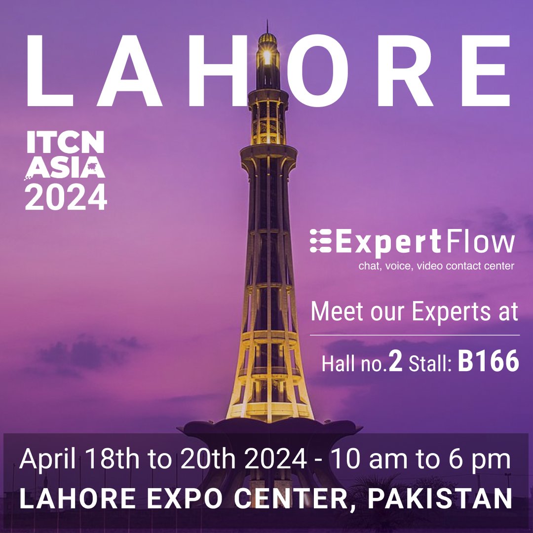 Expertflow's tweet image. We are delighted to receive you at the next ITCN ASIA event, held at the Expo Center in Lahore, Pakistan, from April 18 to 20. Find us at stall number B166 in Hall 2 to check out our EFCX Cloud, WebRTC, Digital Channels, Chatbots, Voice Bots, and CRM Connectors demonstrations.