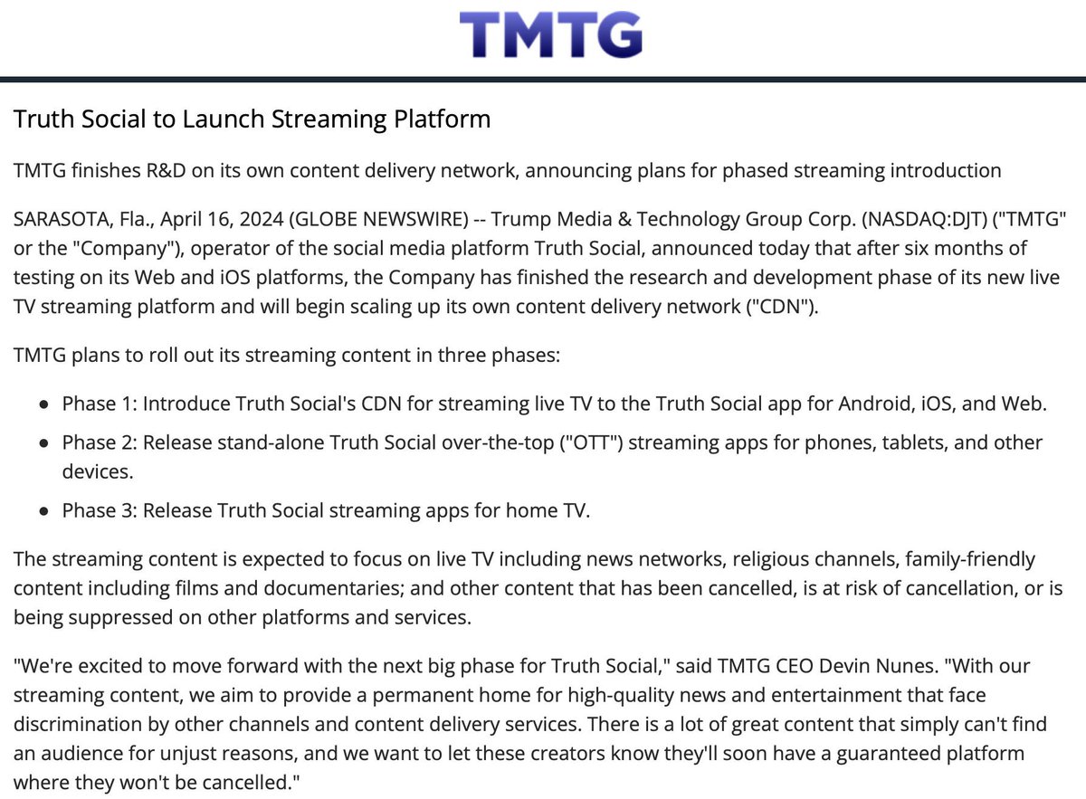 Truth Social 将推出流媒体平台 TMTG 完成其自身内容交付网络的研发，宣布分阶段推出流媒体的计划 佛罗里达州萨拉索塔，2024 年 4 月 16 日（GLOBE NEWSWIRE）- 社交媒体平台 Truth Social 的运营商特朗普媒体与技术集团公司（纳斯达克股票代码：DJT）（“TMTG 或“公司”）今天宣布，在其 Web 和 iOS…