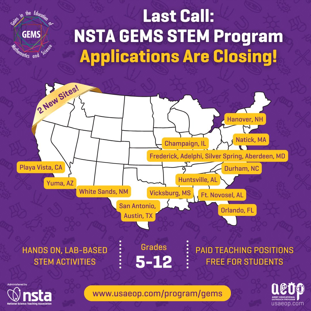 Time is running out to apply for the NSTA @AEOPGEMS summer STEM program! Visit bit.ly/441WKd3 to find your site and apply today. If your site’s applications are closed, don’t worry! Mark your calendar for December to apply for summer 2025