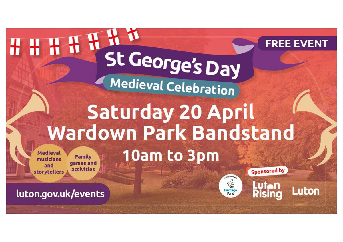 Not long to go until our St George’s Day celebrations! 🤺 📆 20 April 📍 Wardown Park Bandstand ⏰ 10am - 3pm ⚔️ Medieval games, music & stories Sponsored by @LutonRising. Delivered with the History Knights and funded by @HeritageFundUK. More info 👉 luton.gov.uk/stgeorgesday