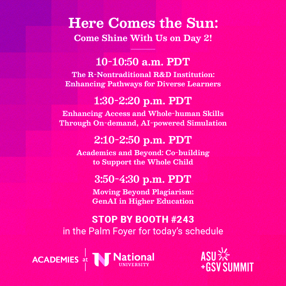 Here Comes the Sun at @asugsvsummit Day 2! Don’t miss @markmilliron, President & CEO of @NatUniv, at 'Moving Beyond Plagiarism' and @nyoder20, Associate Vice President at NU, during 'Academics and Beyond', on the Summit Stage!