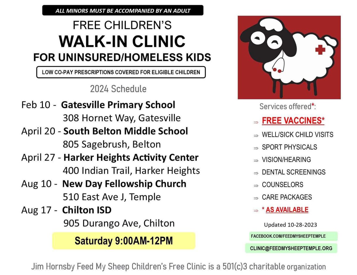 The next Feed My Sheep Children's Free Clinic is this Saturday, April 20th at South Belton Middle School from 9am to 12pm.

If you have any questions or would like to get involved, please email clinic@feedmysheeptemple.org