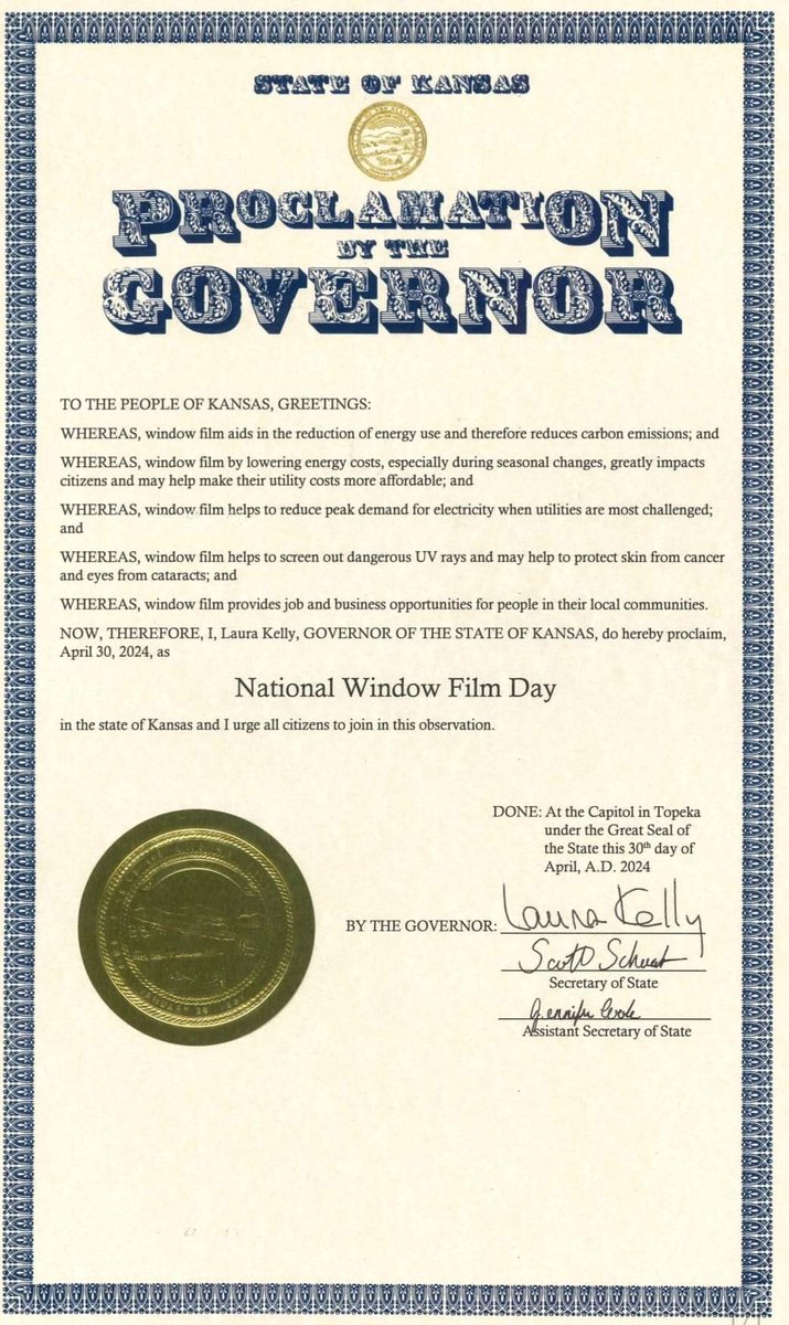 COUNTDOWN National Window Film Day April 30.  We have received the proclamation from the State of #Kansas.  Thank you Governor Laura Kelly.

#IWFA #NWFD #windowfilm
#tinting #education #resources