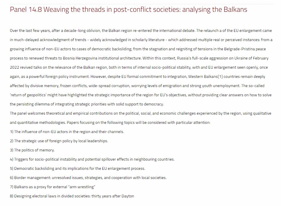 #SISP2024 📢Call for papers: are you working on the #Balkans? 

💡@CarliMingardi and I are chairing a panel within Section 14 on democratic backsliding, autocracy promotion and world disorder. Here is a list of regional-focused topics.

🗓️Submit your proposal by the 31st of May!